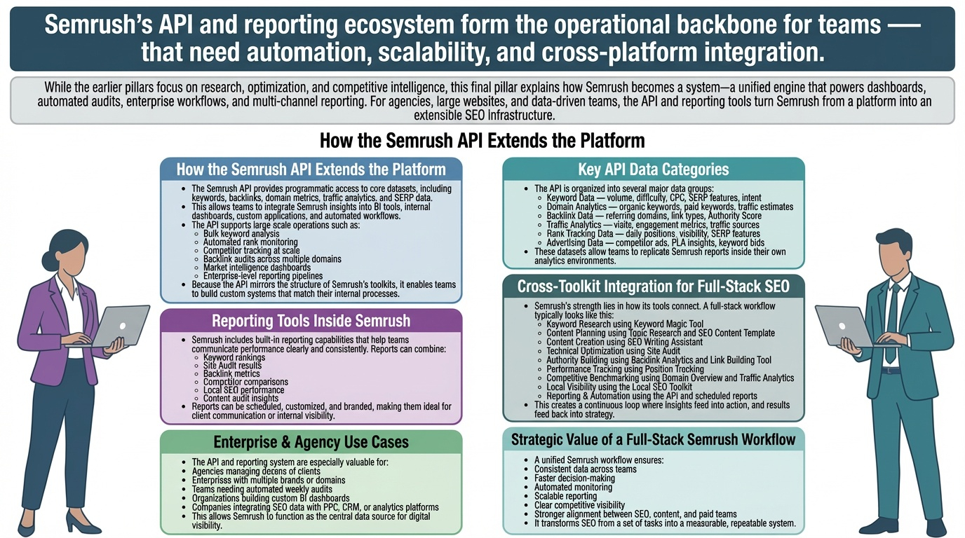 Pillar 12 — Semrush API, Reports & Full‑Stack SEO Workflows